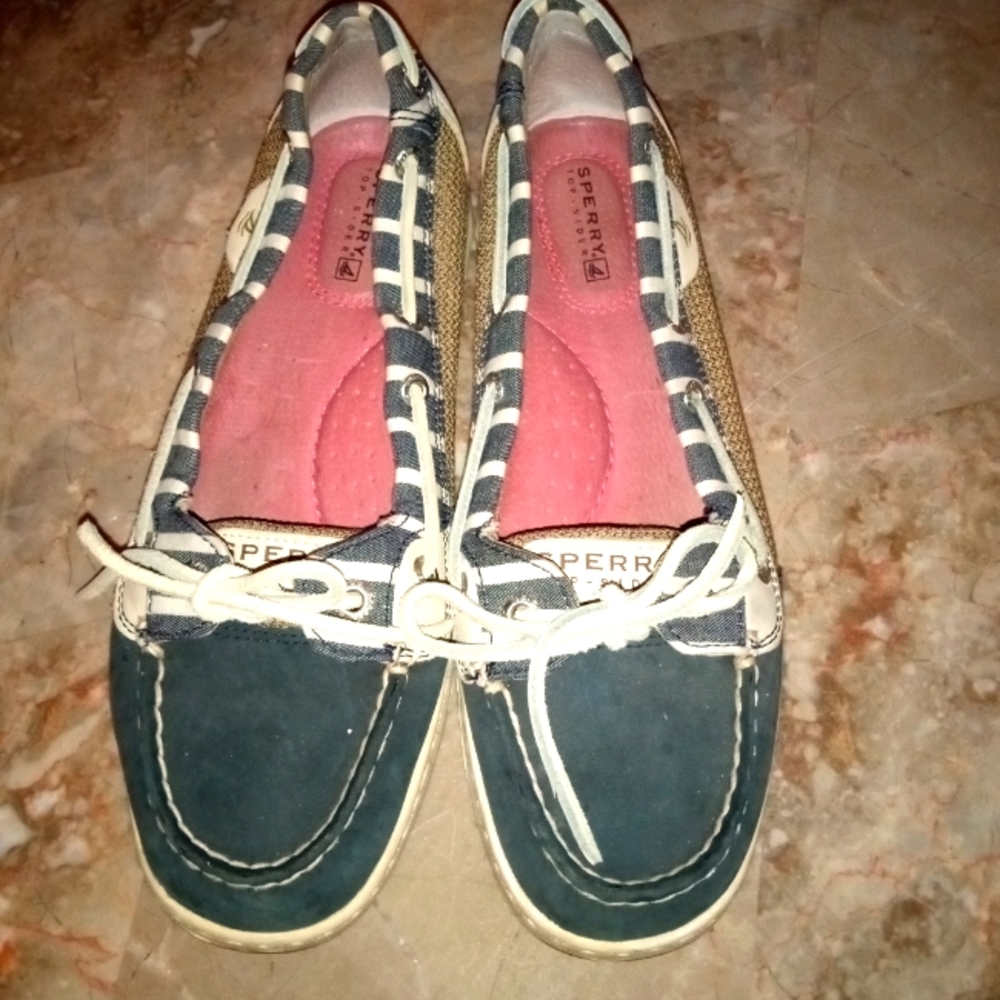 Ladies Size 7.5 Beige Sperry Nautical Look Boat Shoes Loafers